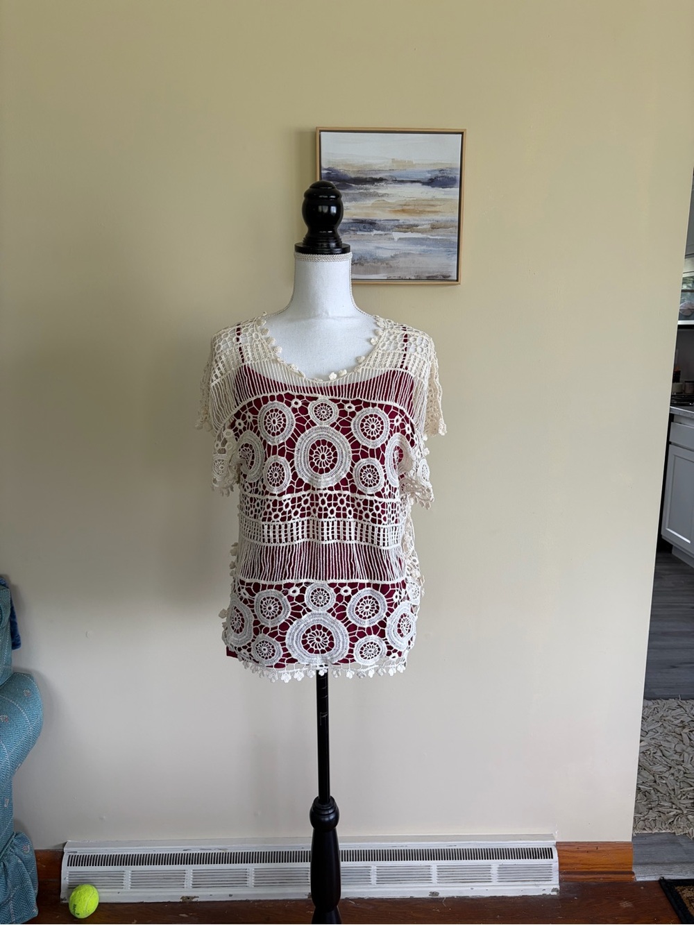 New Medium Design Works Cream Crochet Overlay Top Shirt